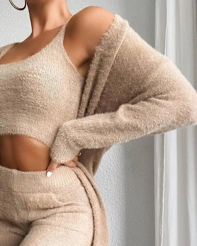 Fall Winter Fashion Women Sweater Pajamas Set Cozy Lounge Wear Fuzzy Fleece Sleepwear with Robe 3 Pieces Lounge Wear Sets - go2shop