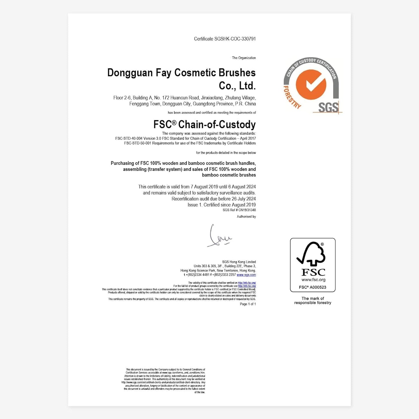Certificate of FSC® Chain-of-Custody for Dongguan Fay Cosmetic Brushes Co., Ltd. related to sustainable materials.
