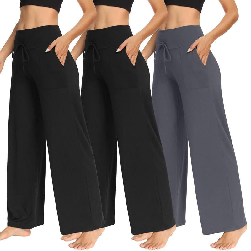 Nunuflex 3 Pack Women'S Wide Leg Pajama Pants Soft Stretchy Fabric High Waisted with Deep Side Pockets & Elastic Drawstring for Yoga Workout & Loungewear - go2shop