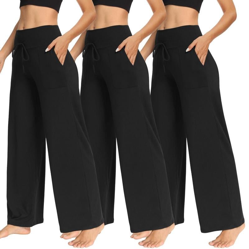 Nunuflex 3 Pack Women'S Wide Leg Pajama Pants Soft Stretchy Fabric High Waisted with Deep Side Pockets & Elastic Drawstring for Yoga Workout & Loungewear - go2shop