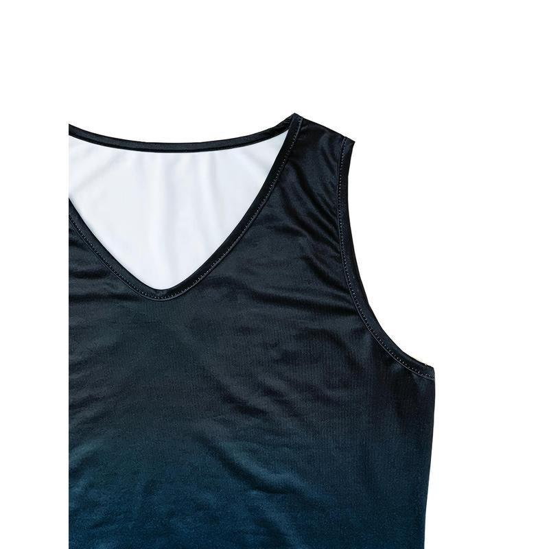 Women'S Summer Gradient Print V - Neck Sleeveless Dress - Ombre Blue to Pink Lightweight Machine - Washable Resort Wear, Womenswear Easy - Care Clothing, Casual Summer Dresses, Holiday Fashion, Stylish Women Fabric Polyester Knit Vest Polychrome - go2shop