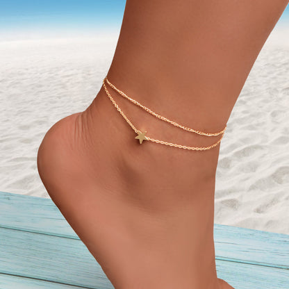 Minimalist Double layered Gold Chain Star Charm Anklet Adjustable Foot Jewellery-0