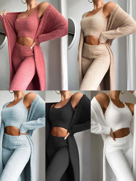 Fall Winter Fashion Women Sweater Pajamas Set Cozy Lounge Wear Fuzzy Fleece Sleepwear with Robe 3 Pieces Lounge Wear Sets - go2shop