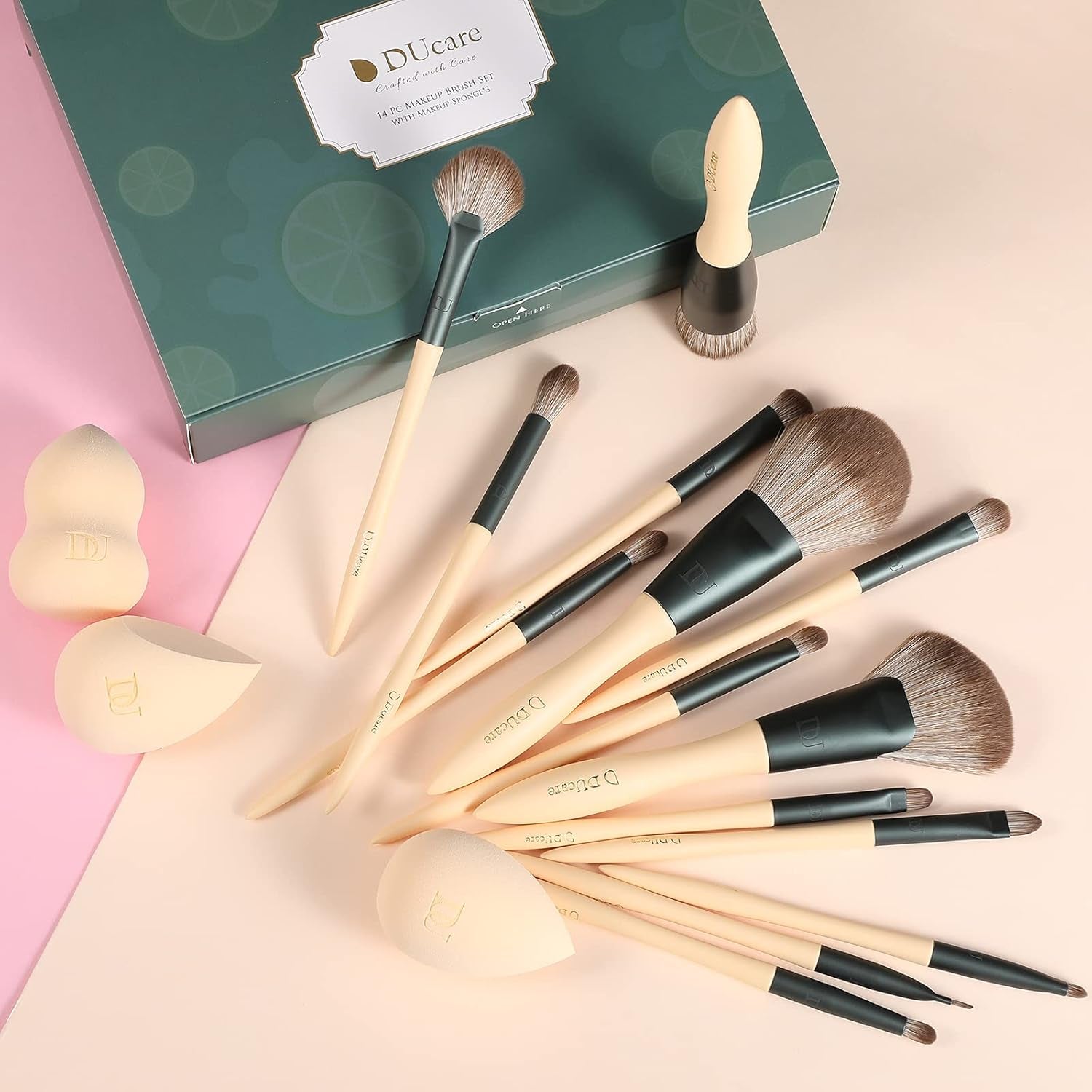 Makeup Brushes 14Pcs with 3Pcs Makeup Spong & Cosmetic Bag - Lime Mojito Series Makeup Brush Set for Foundation Blending Face Powder Blush Concealers Eye Shadows.