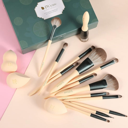Makeup Brushes 14Pcs with 3Pcs Makeup Spong & Cosmetic Bag - Lime Mojito Series Makeup Brush Set for Foundation Blending Face Powder Blush Concealers Eye Shadows.