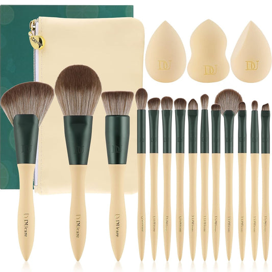 Makeup Brushes 14Pcs with 3Pcs Makeup Spong & Cosmetic Bag - Lime Mojito Series Makeup Brush Set for Foundation Blending Face Powder Blush Concealers Eye Shadows.