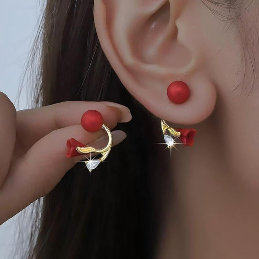 Red Flower Crystal Drop Earrings 14K Gold Plated Stud Earrings Rhinestone Floral Earrings Elegant Sparkling Earrings for Women Fashion Jewelry Gift - go2shop