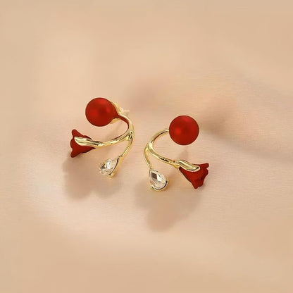 Red Flower Crystal Drop Earrings 14K Gold Plated Stud Earrings Rhinestone Floral Earrings Elegant Sparkling Earrings for Women Fashion Jewelry Gift - go2shop