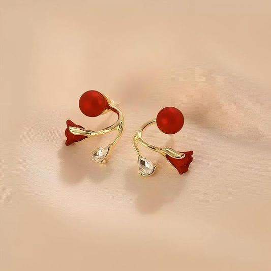 Red Flower Crystal Drop Earrings 14K Gold Plated Stud Earrings Rhinestone Floral Earrings Elegant Sparkling Earrings for Women Fashion Jewelry Gift - go2shop