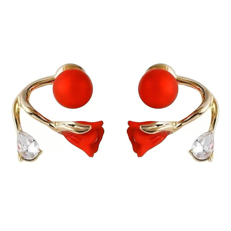 Red Flower Crystal Drop Earrings 14K Gold Plated Stud Earrings Rhinestone Floral Earrings Elegant Sparkling Earrings for Women Fashion Jewelry Gift - go2shop