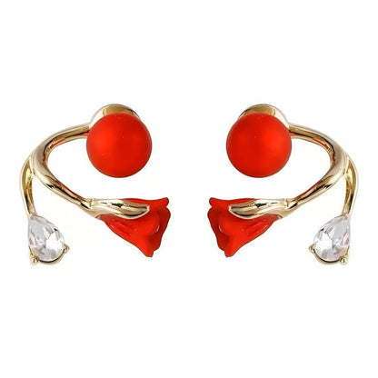 Red Flower Crystal Drop Earrings 14K Gold Plated Stud Earrings Rhinestone Floral Earrings Elegant Sparkling Earrings for Women Fashion Jewelry Gift - go2shop