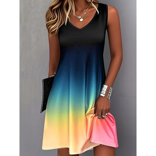 Women'S Summer Gradient Print V - Neck Sleeveless Dress - Ombre Blue to Pink Lightweight Machine - Washable Resort Wear, Womenswear Easy - Care Clothing, Casual Summer Dresses, Holiday Fashion, Stylish Women Fabric Polyester Knit Vest Polychrome - go2shop