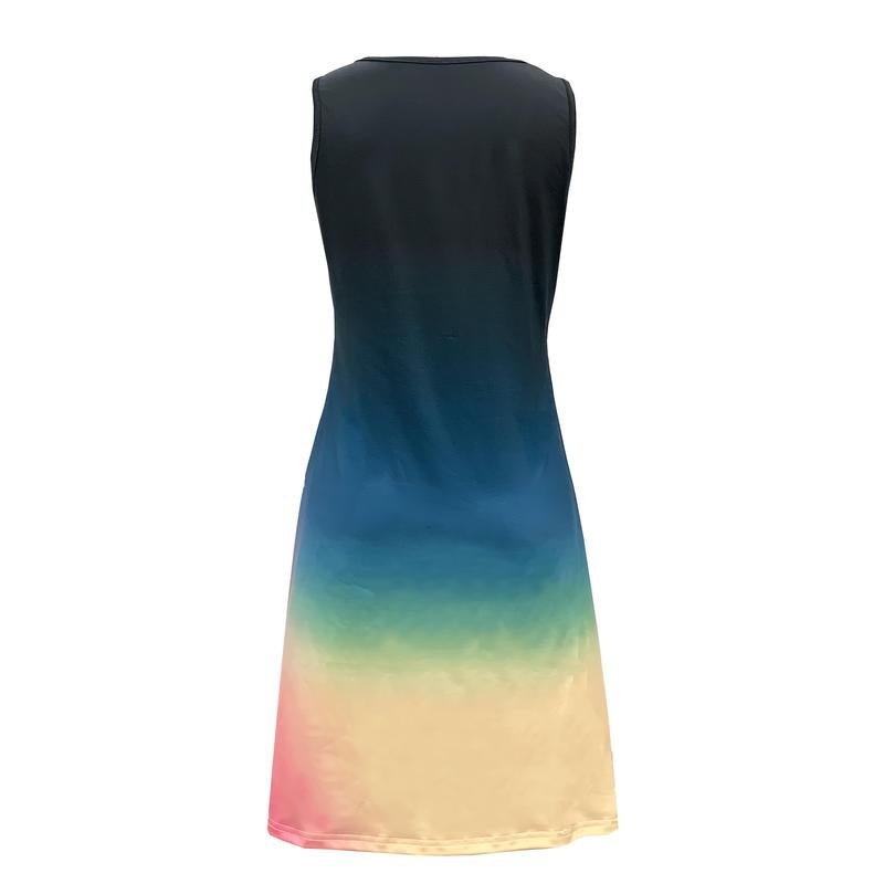 Women'S Summer Gradient Print V - Neck Sleeveless Dress - Ombre Blue to Pink Lightweight Machine - Washable Resort Wear, Womenswear Easy - Care Clothing, Casual Summer Dresses, Holiday Fashion, Stylish Women Fabric Polyester Knit Vest Polychrome - go2shop