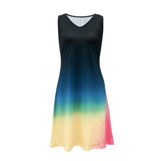 Women'S Summer Gradient Print V - Neck Sleeveless Dress - Ombre Blue to Pink Lightweight Machine - Washable Resort Wear, Womenswear Easy - Care Clothing, Casual Summer Dresses, Holiday Fashion, Stylish Women Fabric Polyester Knit Vest Polychrome - go2shop